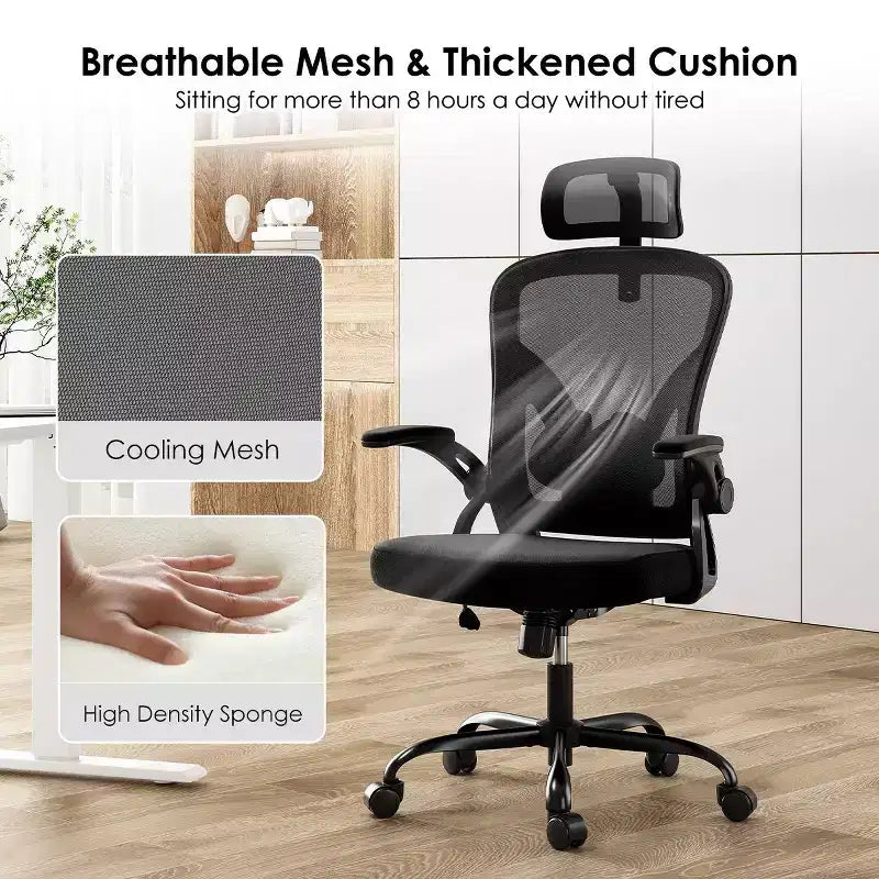 Fauteuil de bureau à roulettes, Chaise de bureau avec accoudoirs relevables, Appuie-tête et support lombaire réglables pour bureau, étude, salle de lecture