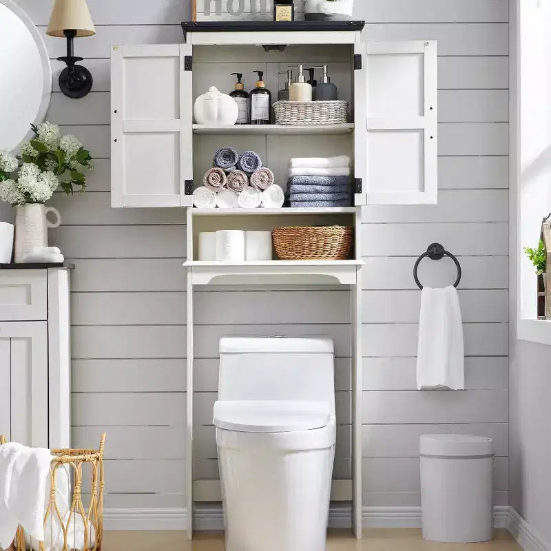 67 Meubles de rangement au-dessus des toilettes, Meubles bas de salle de bain de style ferme avec étagère réglable et porte