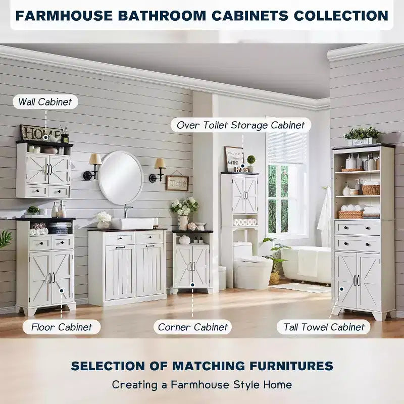 67 Meubles de rangement au-dessus des toilettes, Meubles bas de salle de bain de style ferme avec étagère réglable et porte