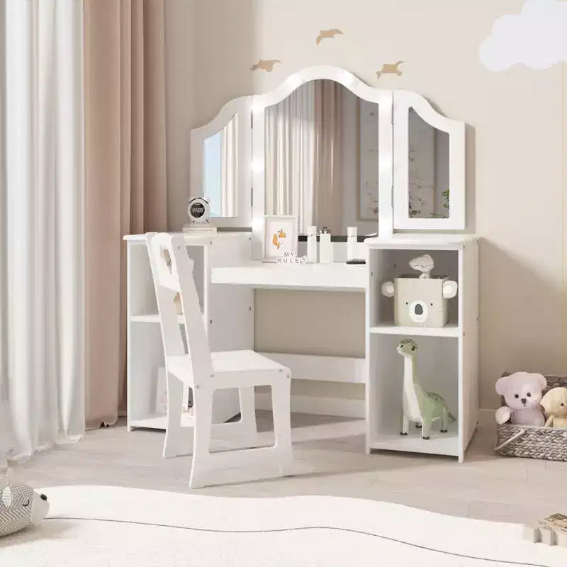Coiffeuse et chaise pour enfants, Ensemble coiffeuse et chaise de princesse, Miroir triptyque détachable, Coiffeuse en bois pour enfants, pour chambre à coucher