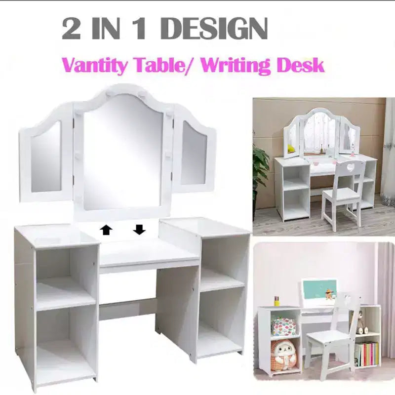 Coiffeuse et chaise pour enfants, Ensemble coiffeuse et chaise de princesse, Miroir triptyque détachable, Coiffeuse en bois pour enfants, pour chambre à coucher