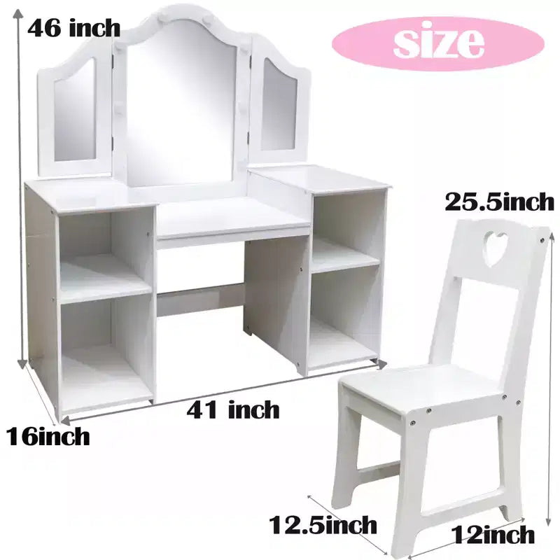 Coiffeuse et chaise pour enfants, Ensemble coiffeuse et chaise de princesse, Miroir triptyque détachable, Coiffeuse en bois pour enfants, pour chambre à coucher