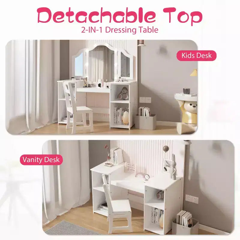 Coiffeuse et chaise pour enfants, Ensemble coiffeuse et chaise de princesse, Miroir triptyque détachable, Coiffeuse en bois pour enfants, pour chambre à coucher