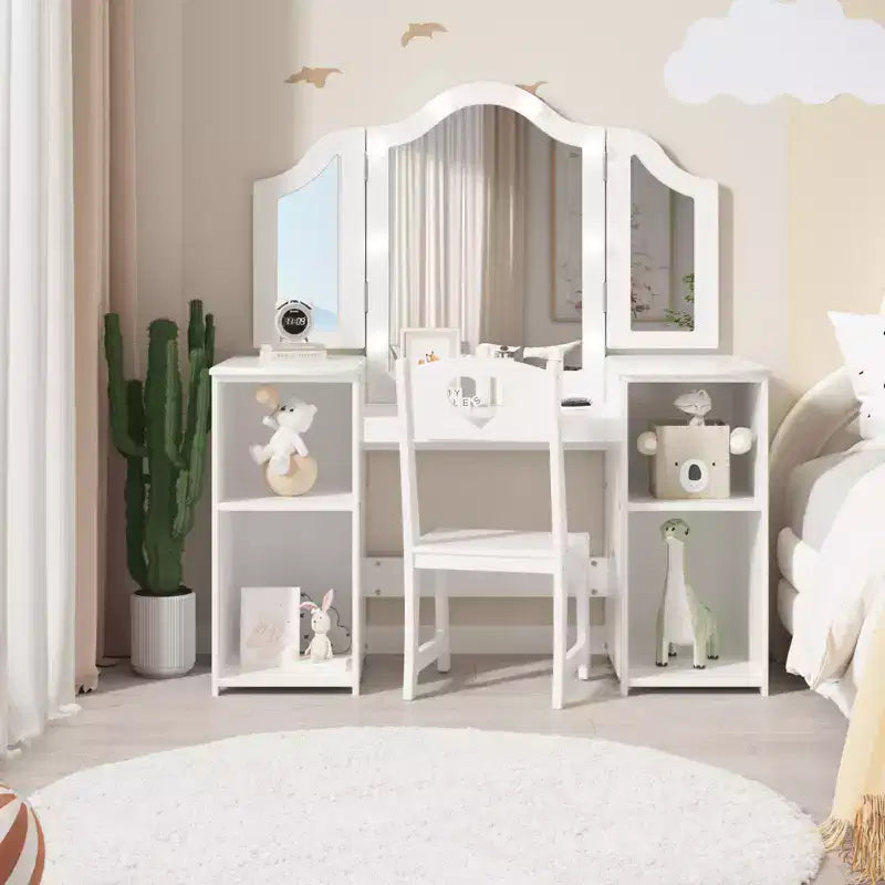 Coiffeuse et chaise pour enfants, Ensemble coiffeuse et chaise de princesse, Miroir triptyque détachable, Coiffeuse en bois pour enfants, pour chambre à coucher