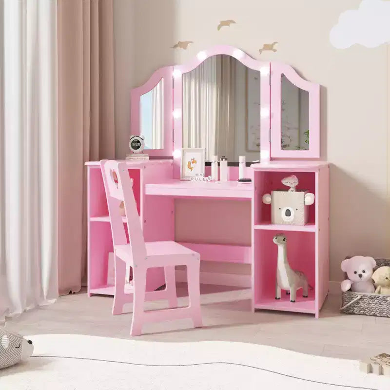 Coiffeuse et chaise pour enfants, Ensemble coiffeuse et chaise de princesse, Miroir triptyque détachable, Coiffeuse en bois pour enfants, pour chambre à coucher