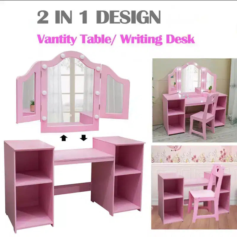 Coiffeuse et chaise pour enfants, Ensemble coiffeuse et chaise de princesse, Miroir triptyque détachable, Coiffeuse en bois pour enfants, pour chambre à coucher