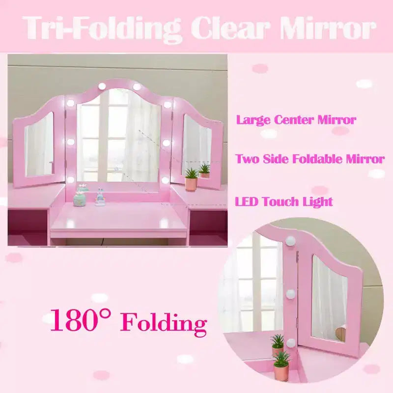Coiffeuse et chaise pour enfants, Ensemble coiffeuse et chaise de princesse, Miroir triptyque détachable, Coiffeuse en bois pour enfants, pour chambre à coucher