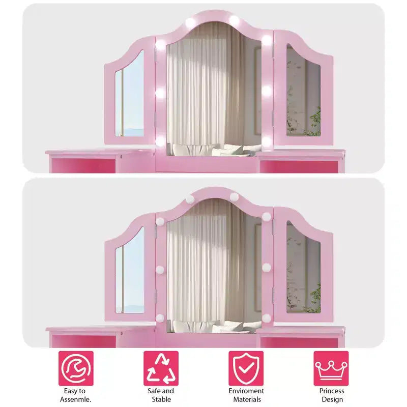 Coiffeuse et chaise pour enfants, Ensemble coiffeuse et chaise de princesse, Miroir triptyque détachable, Coiffeuse en bois pour enfants, pour chambre à coucher