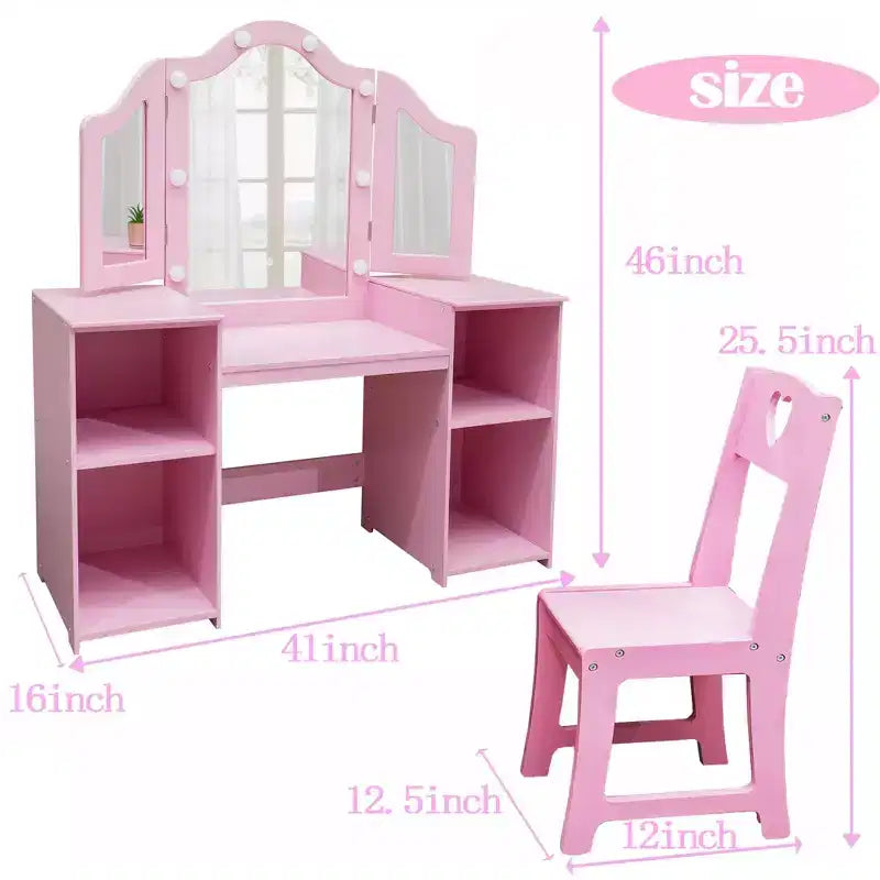 Coiffeuse et chaise pour enfants, Ensemble coiffeuse et chaise de princesse, Miroir triptyque détachable, Coiffeuse en bois pour enfants, pour chambre à coucher