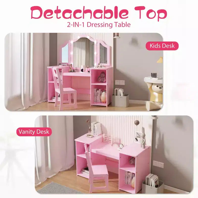 Coiffeuse et chaise pour enfants, Ensemble coiffeuse et chaise de princesse, Miroir triptyque détachable, Coiffeuse en bois pour enfants, pour chambre à coucher