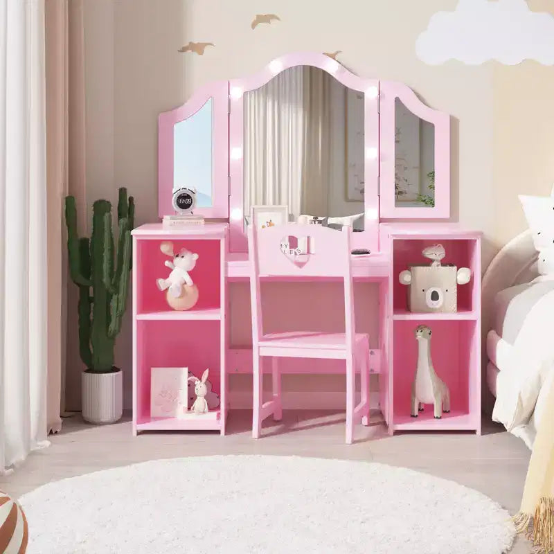 Coiffeuse et chaise pour enfants, Ensemble coiffeuse et chaise de princesse, Miroir triptyque détachable, Coiffeuse en bois pour enfants, pour chambre à coucher