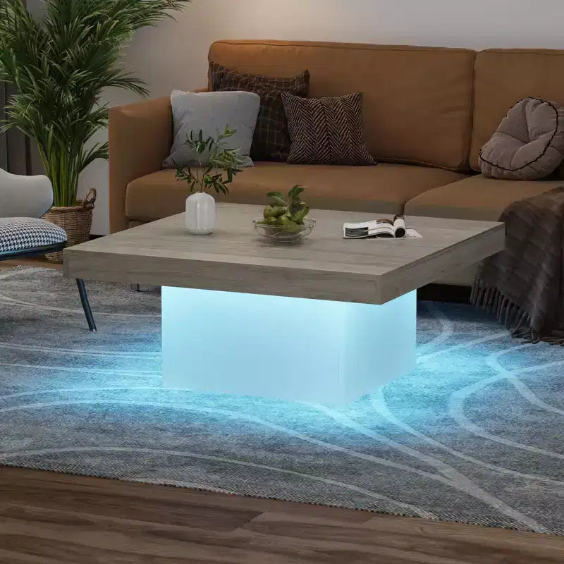 Table basse carrée de 89 cm, table de salon en bois style ferme avec lumières sur les pieds pour salon, bureau à domicile, appartement, salle de lecture, assemblage facile