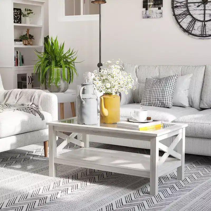 Table basse de style rustique avec cadre en bois, plateau en verre trempé et étagère de rangement inférieure pour salon, chêne blanc