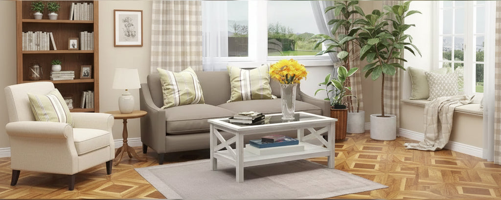 Table basse de style rustique avec cadre en bois, plateau en verre trempé et étagère de rangement inférieure pour salon, chêne blanc