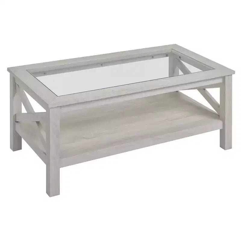 Table basse de style rustique avec cadre en bois, plateau en verre trempé et étagère de rangement inférieure pour salon, chêne blanc