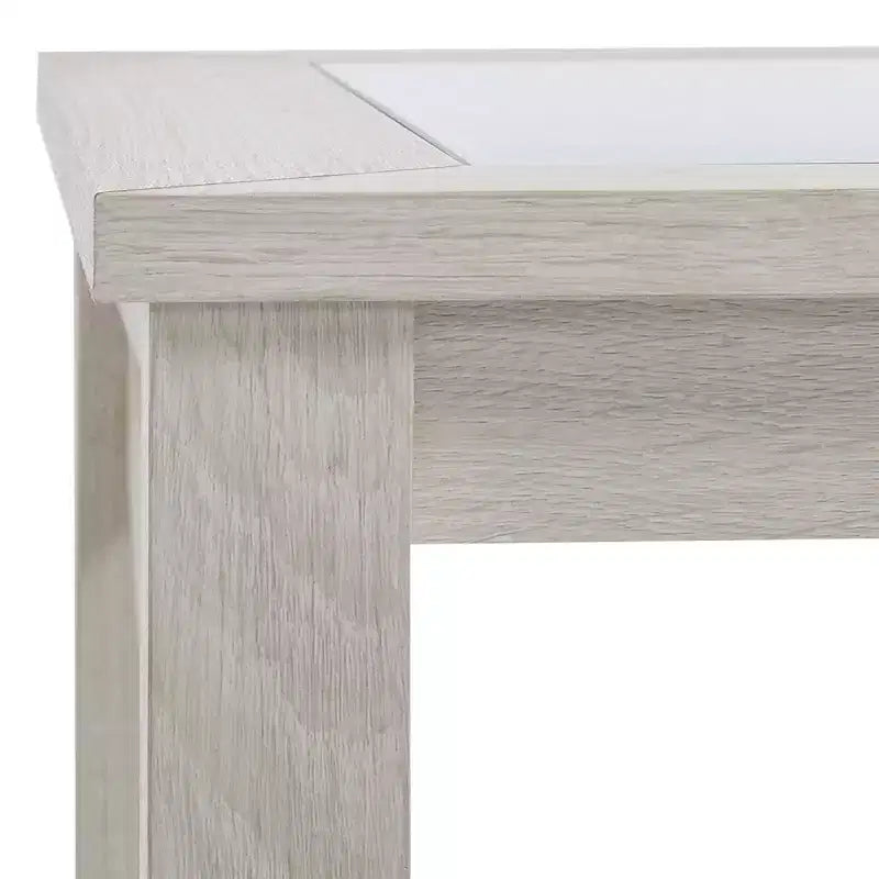 Table basse de style rustique avec cadre en bois, plateau en verre trempé et étagère de rangement inférieure pour salon, chêne blanc
