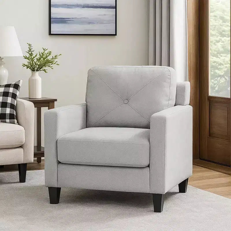 Fauteuil d'appoint, accoudoirs droits, assise en tissu gris avec dossier capitonné