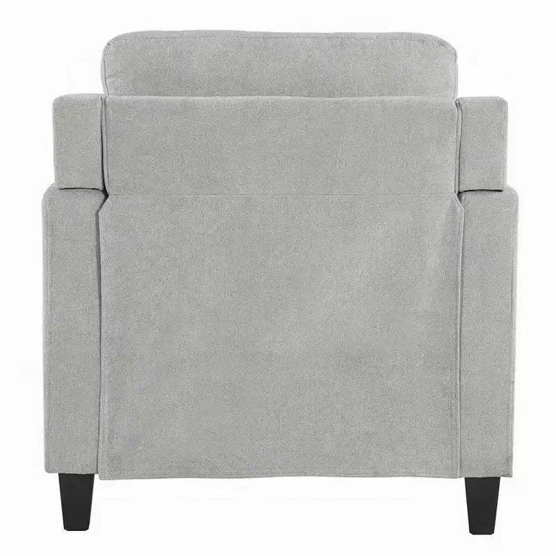 Fauteuil d'appoint, accoudoirs droits, assise en tissu gris avec dossier capitonné