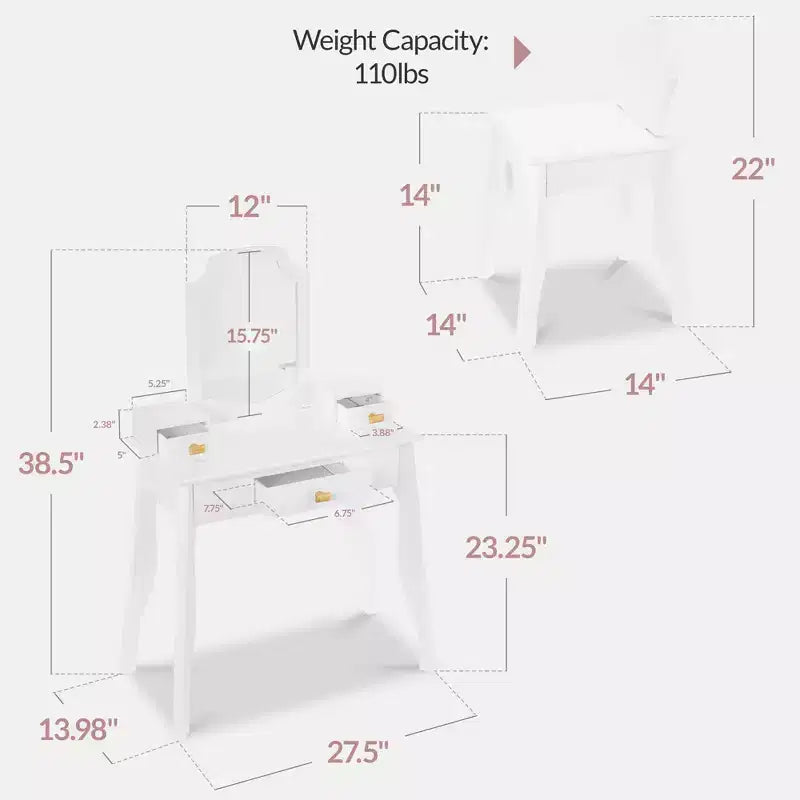 Coiffeuse en bois pour enfants avec miroir et chaise, table de maquillage pour petites filles avec 3 tiroirs
