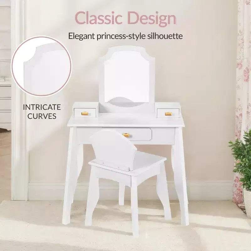 Coiffeuse en bois pour enfants avec miroir et chaise, table de maquillage pour petites filles avec 3 tiroirs
