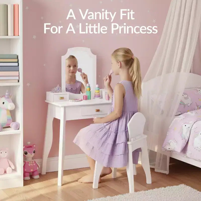 Coiffeuse en bois pour enfants avec miroir et chaise, table de maquillage pour petites filles avec 3 tiroirs