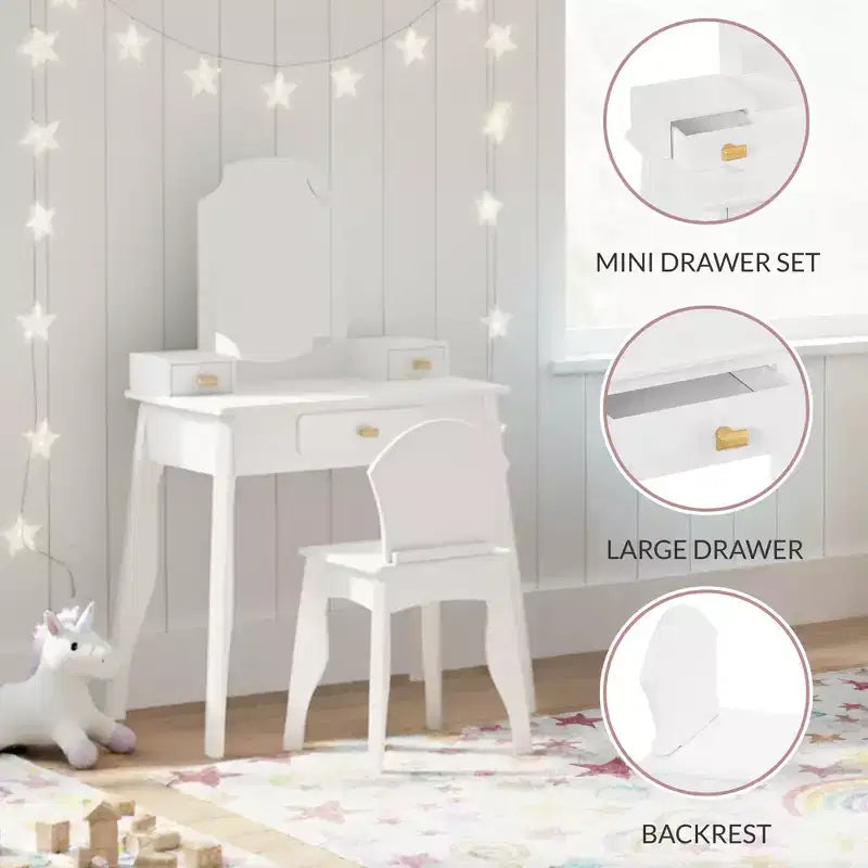 Coiffeuse en bois pour enfants avec miroir et chaise, table de maquillage pour petites filles avec 3 tiroirs
