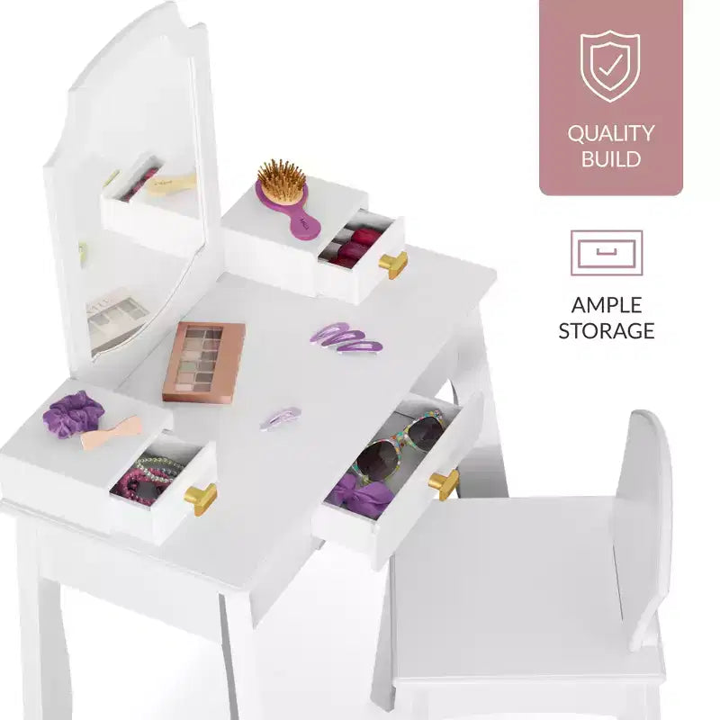 Coiffeuse en bois pour enfants avec miroir et chaise, table de maquillage pour petites filles avec 3 tiroirs