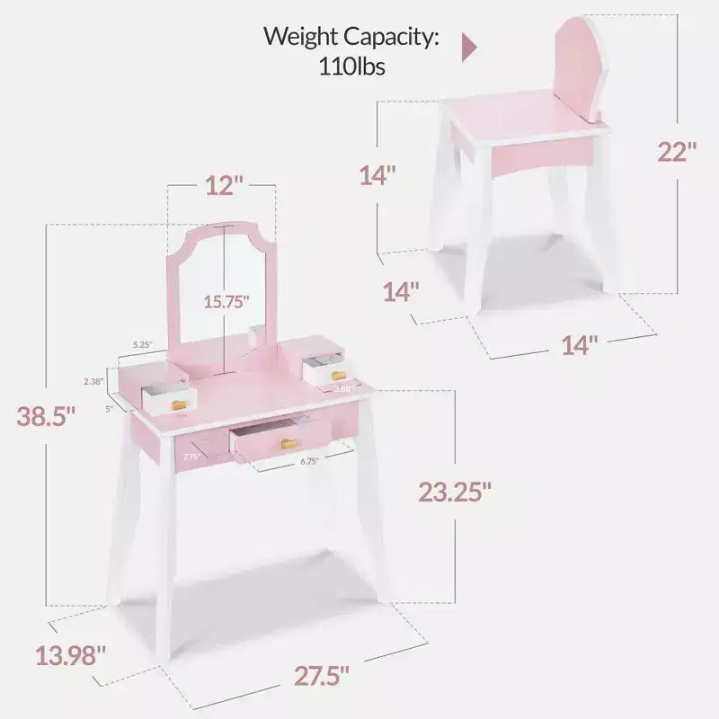 Coiffeuse en bois pour enfants avec miroir et chaise, table de maquillage pour petites filles avec 3 tiroirs