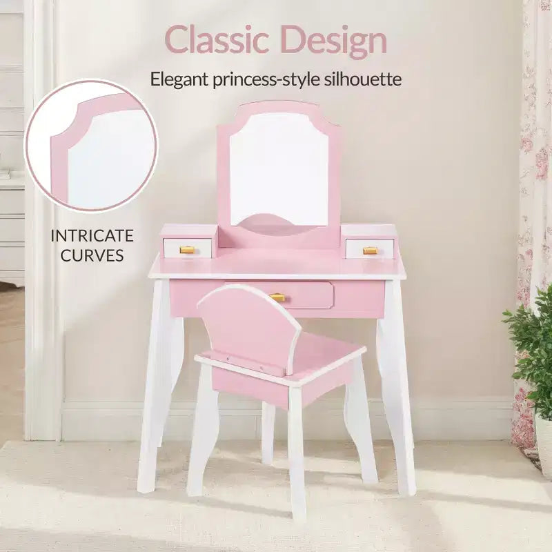 Coiffeuse en bois pour enfants avec miroir et chaise, table de maquillage pour petites filles avec 3 tiroirs