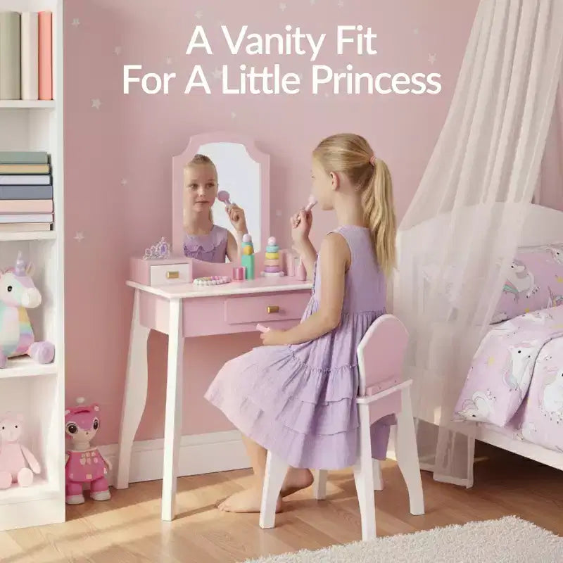 Coiffeuse en bois pour enfants avec miroir et chaise, table de maquillage pour petites filles avec 3 tiroirs