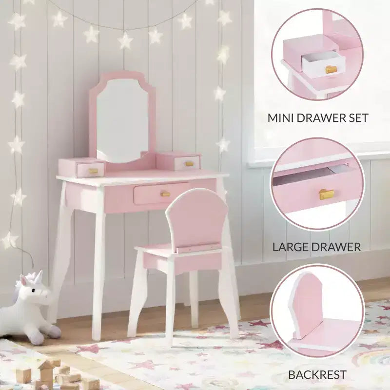 Coiffeuse en bois pour enfants avec miroir et chaise, table de maquillage pour petites filles avec 3 tiroirs