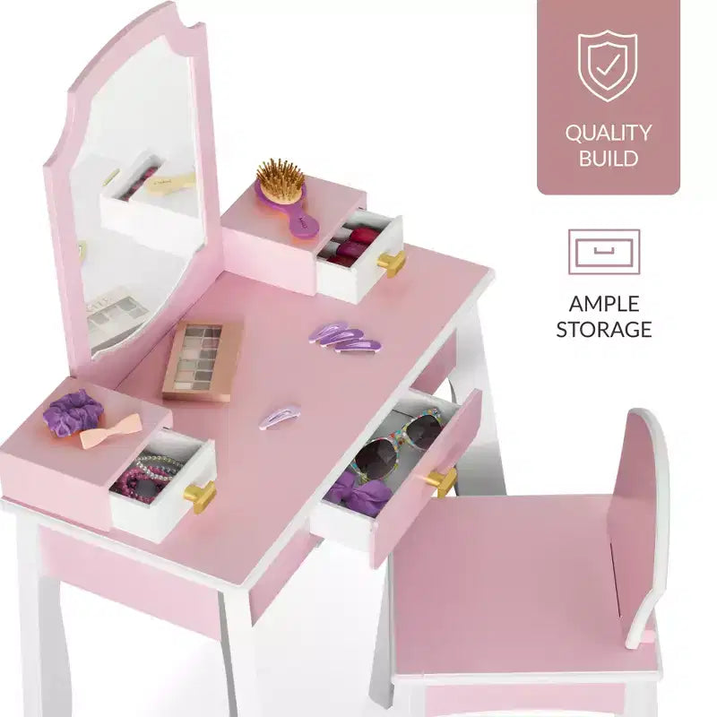 Coiffeuse en bois pour enfants avec miroir et chaise, table de maquillage pour petites filles avec 3 tiroirs