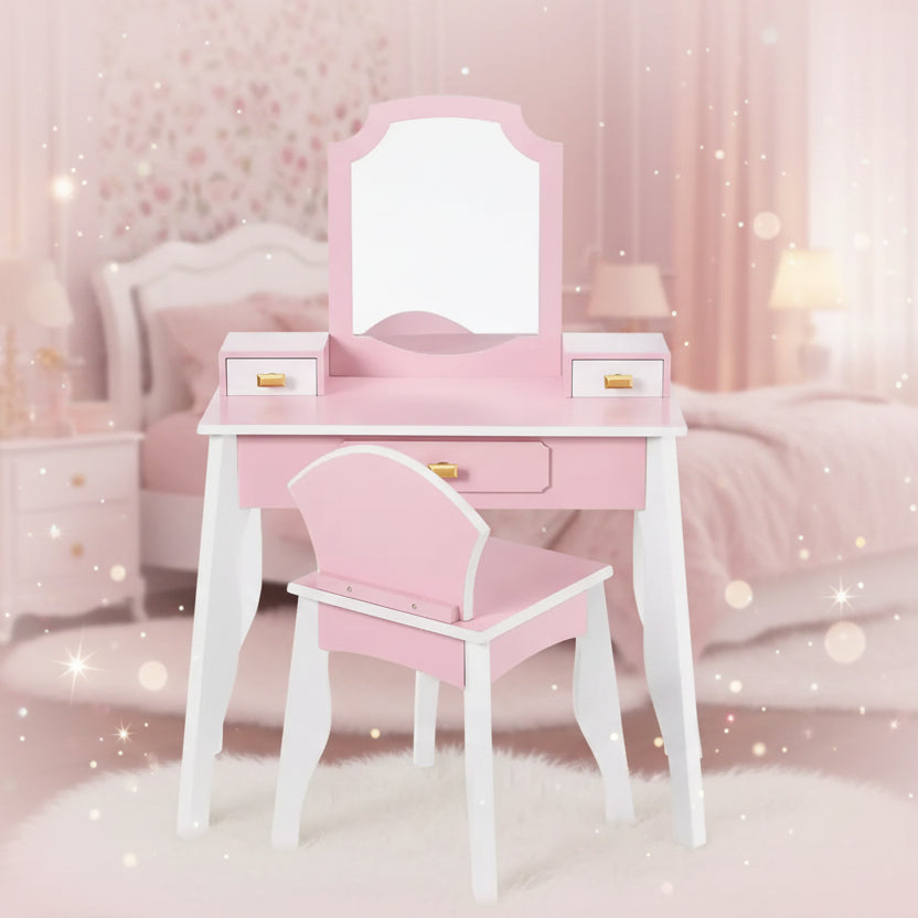 Best Choice Kids Wooden Pretend Play Vanity and Chair Set w/ Mirror  Little Girls Makeup Table with 3 Drawers