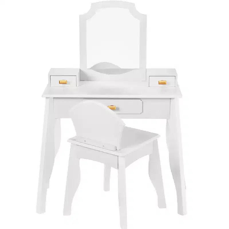 Coiffeuse en bois pour enfants avec miroir et chaise, table de maquillage pour petites filles avec 3 tiroirs