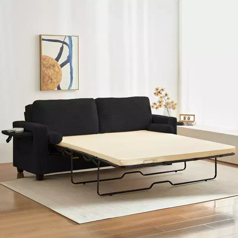 Canapé-Lit Convertible 2-en-1 avec 2 Tablettes Latérales et Matelas en Mousse à Mémoire de Forme