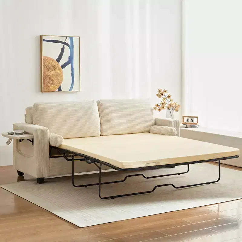 Canapé-Lit Convertible 2-en-1 avec 2 Tablettes Latérales et Matelas en Mousse à Mémoire de Forme