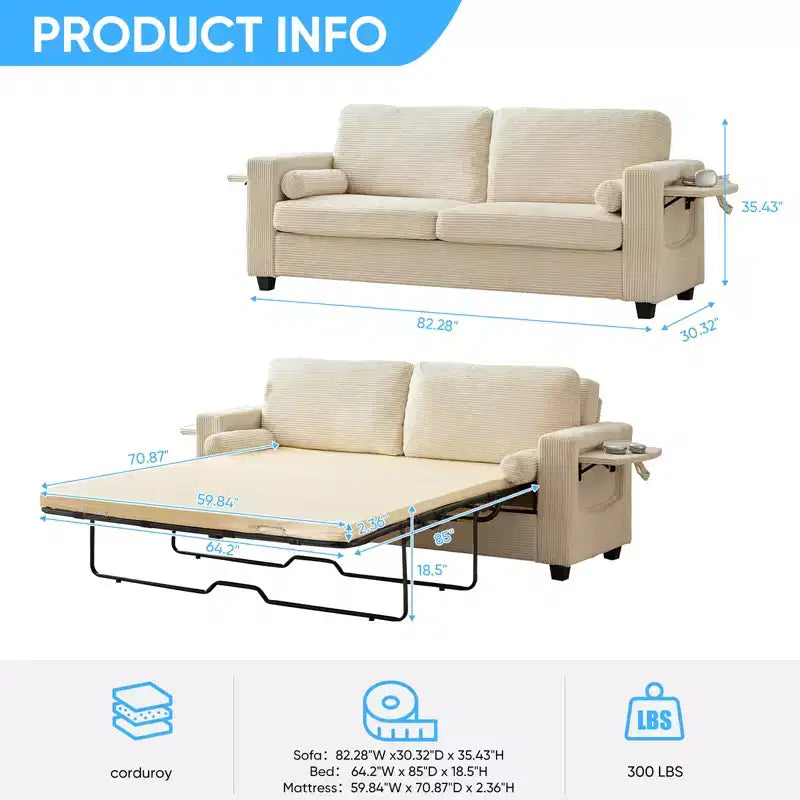 Canapé-Lit Convertible 2-en-1 avec 2 Tablettes Latérales et Matelas en Mousse à Mémoire de Forme