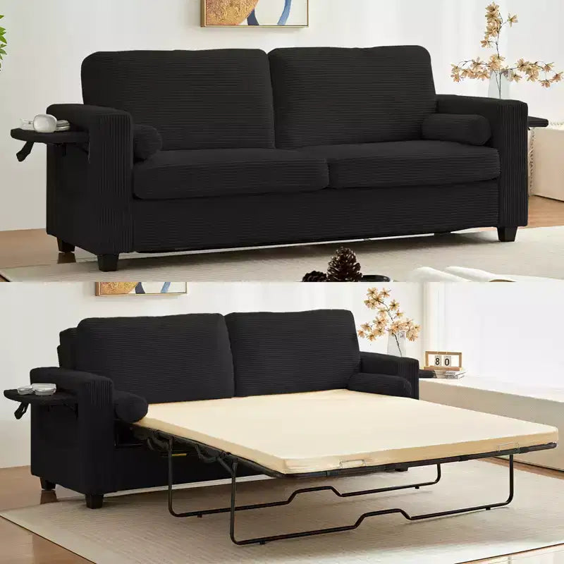 Canapé-Lit Convertible 2-en-1 avec 2 Tablettes Latérales et Matelas en Mousse à Mémoire de Forme