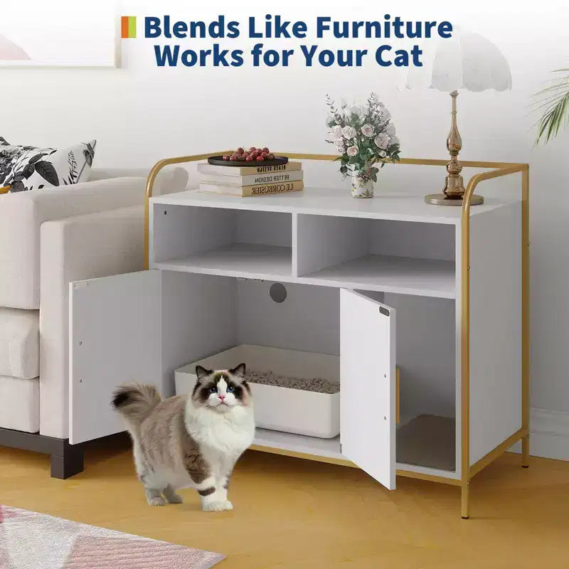Bac à litière moderne en bois de 37,5 pouces avec étagère de rangement, design multifonctionnel de style meuble avec trous de ventilation, convient à la plupart des bacs à litière