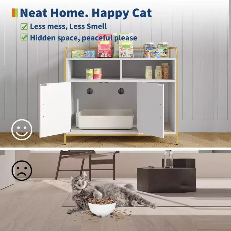Bac à litière moderne en bois de 37,5 pouces avec étagère de rangement, design multifonctionnel de style meuble avec trous de ventilation, convient à la plupart des bacs à litière