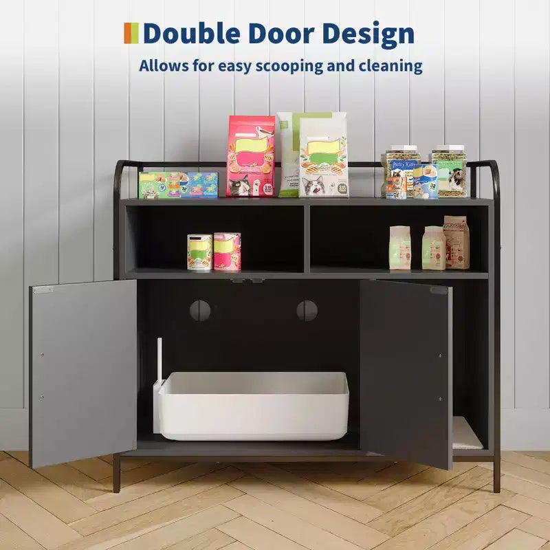 Bac à litière moderne en bois de 37,5 pouces avec étagère de rangement, design multifonctionnel de style meuble avec trous de ventilation, convient à la plupart des bacs à litière