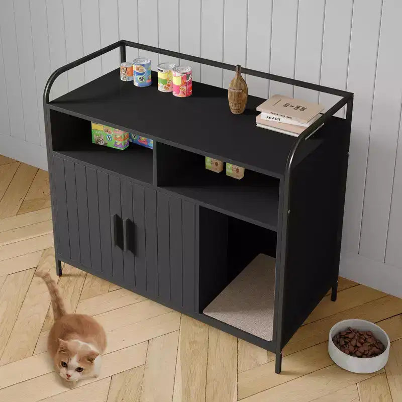 Bac à litière moderne en bois de 37,5 pouces avec étagère de rangement, design multifonctionnel de style meuble avec trous de ventilation, convient à la plupart des bacs à litière