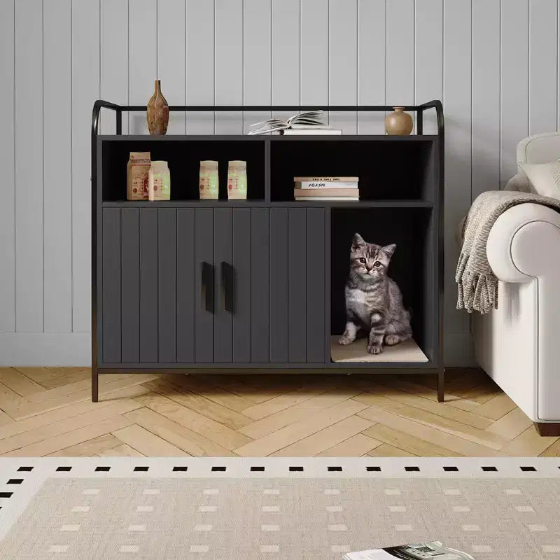 Bac à litière moderne en bois de 37,5 pouces avec étagère de rangement, design multifonctionnel de style meuble avec trous de ventilation, convient à la plupart des bacs à litière