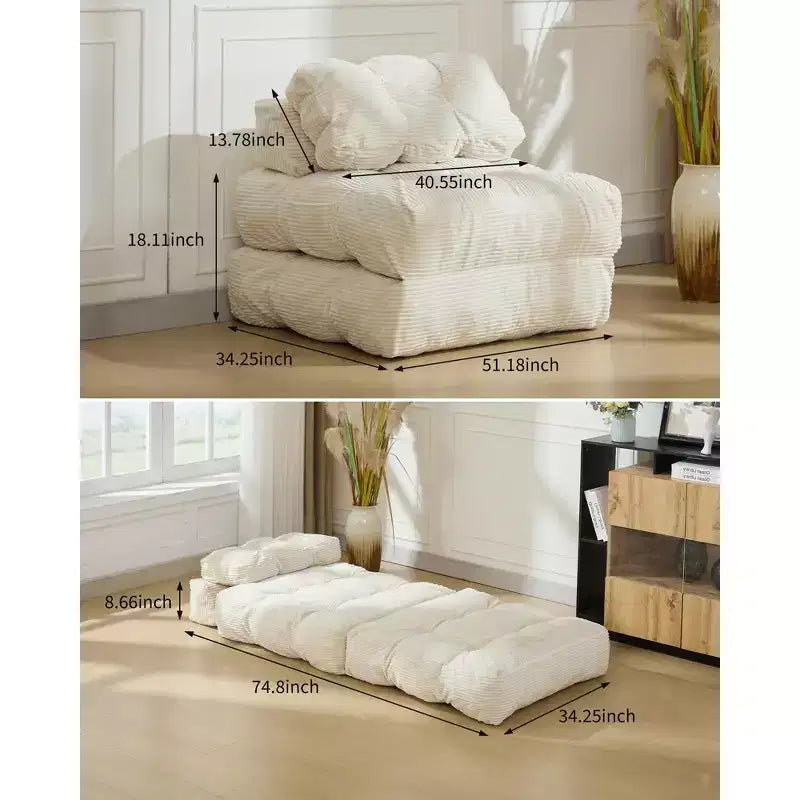 Canapé-lit pliable, canapé-lit convertible avec oreillers et dossier, canapé/fauteuil de sol confortable, adapté au salon et à la chambre, beige.