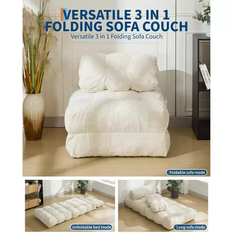 Canapé-lit pliable, canapé-lit convertible avec oreillers et dossier, canapé/fauteuil de sol confortable, adapté au salon et à la chambre, beige.