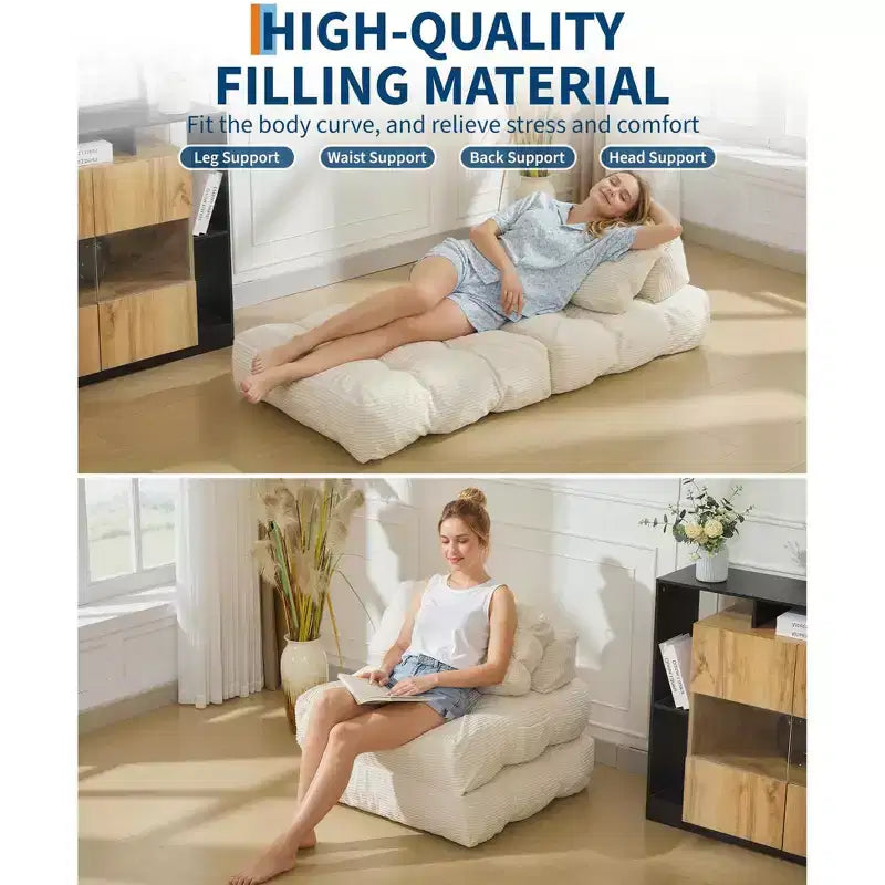 Canapé-lit pliable, canapé-lit convertible avec oreillers et dossier, canapé/fauteuil de sol confortable, adapté au salon et à la chambre, beige.