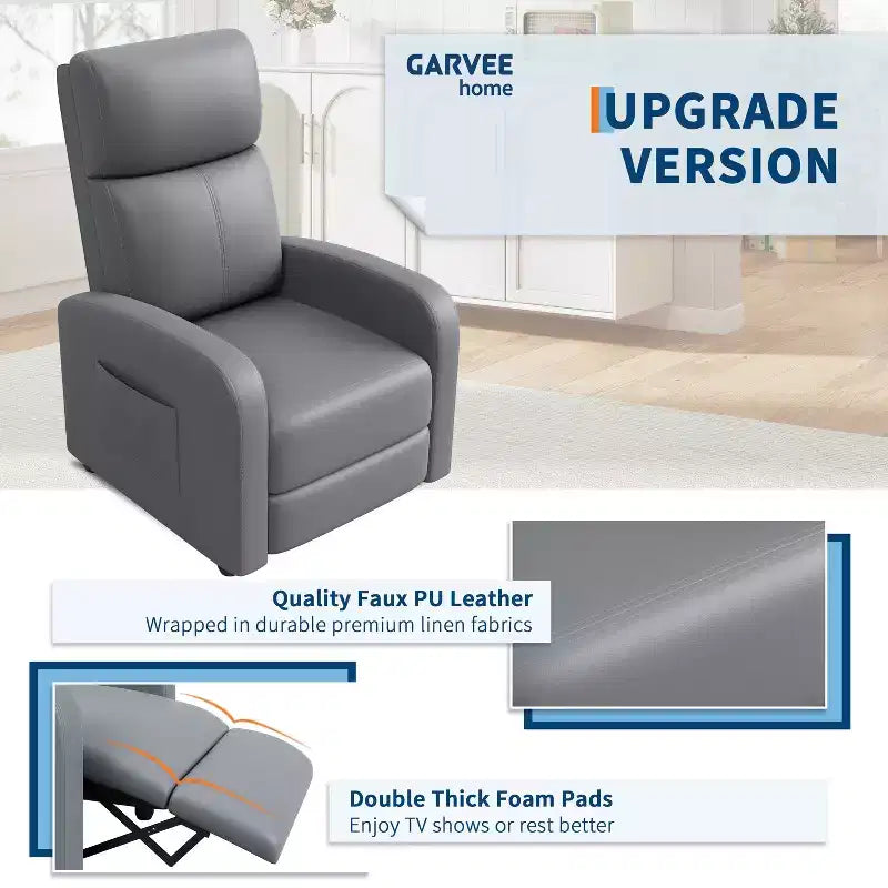 Fauteuil inclinable pour adultes, fauteuil inclinable paresseux en cuir PU ergonomique réglable avec poche latérale, dossier haut, accoudoirs larges et siège rembourré