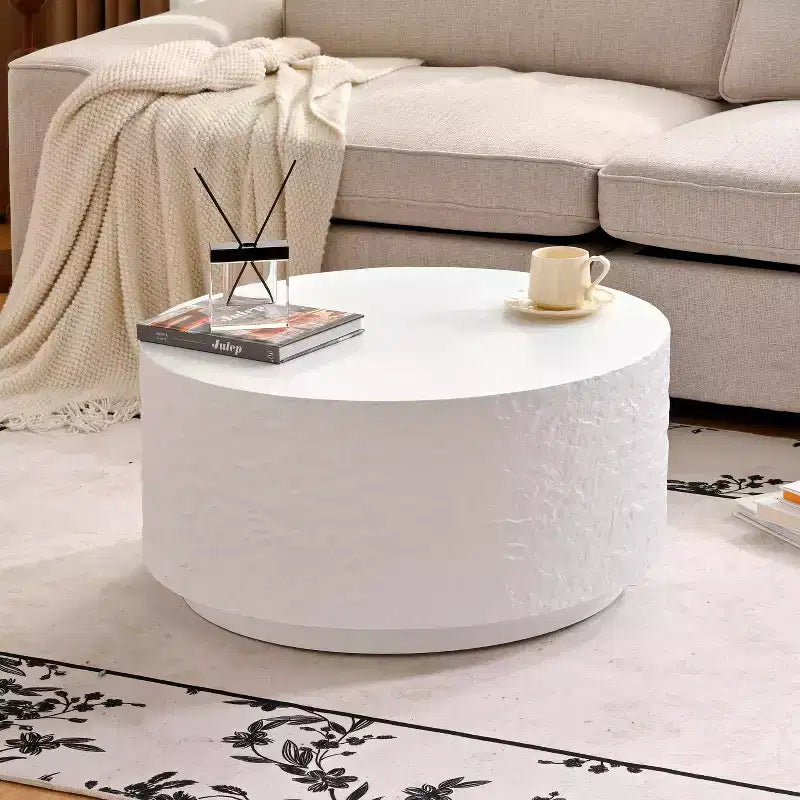 Table Basse Ronde Table Basse Table d'Appoint de Canapé Table d'Appoint avec Design Imitation Pierre, Blanc, Aucun Assemblage Requis