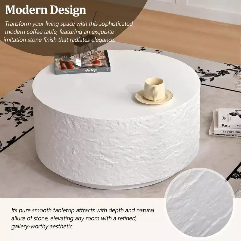 Table Basse Ronde Table Basse Table d'Appoint de Canapé Table d'Appoint avec Design Imitation Pierre, Blanc, Aucun Assemblage Requis