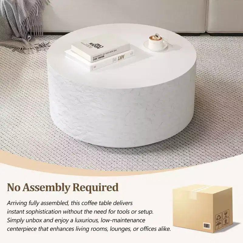 Table Basse Ronde Table Basse Table d'Appoint de Canapé Table d'Appoint avec Design Imitation Pierre, Blanc, Aucun Assemblage Requis